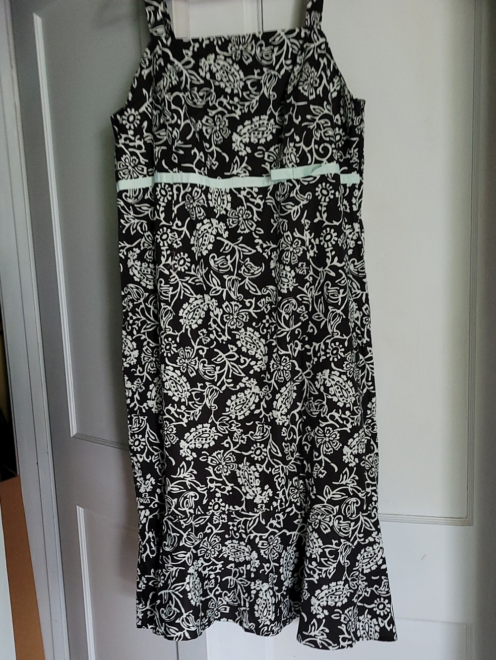 Black & Light Aqua Floral Sundress (Ruffle @ Bottom) Aqua Ribbon Waist Trim